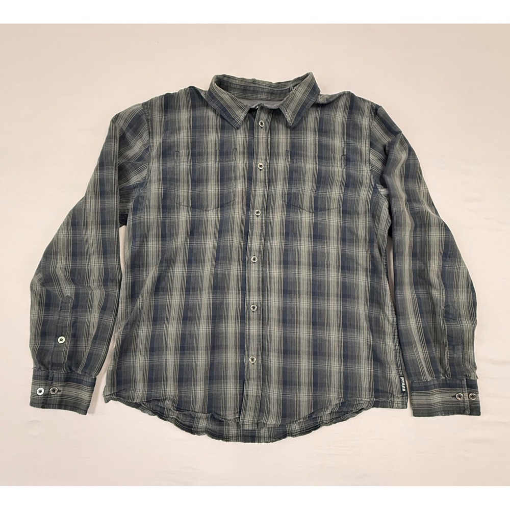 Prana Mens Large Blue Green Plaid Organic Cotton Blend Button Down Shirt LRG